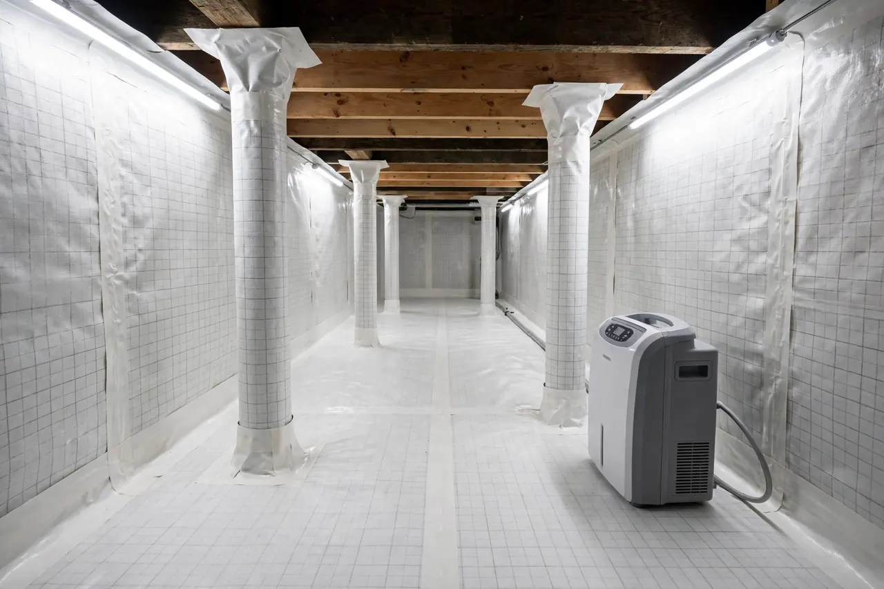 Encapsulated crawl space with vapor barrier and dehumidifier