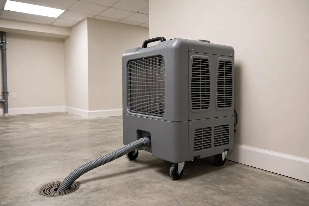 Commercial-grade dehumidifier installed in a dry basement