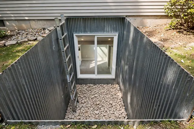 Newly installed basement egress window with window well