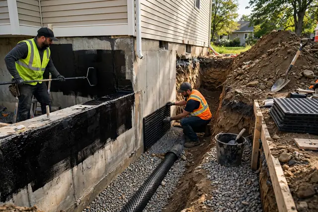Foundation repair work along an excavated home foundation