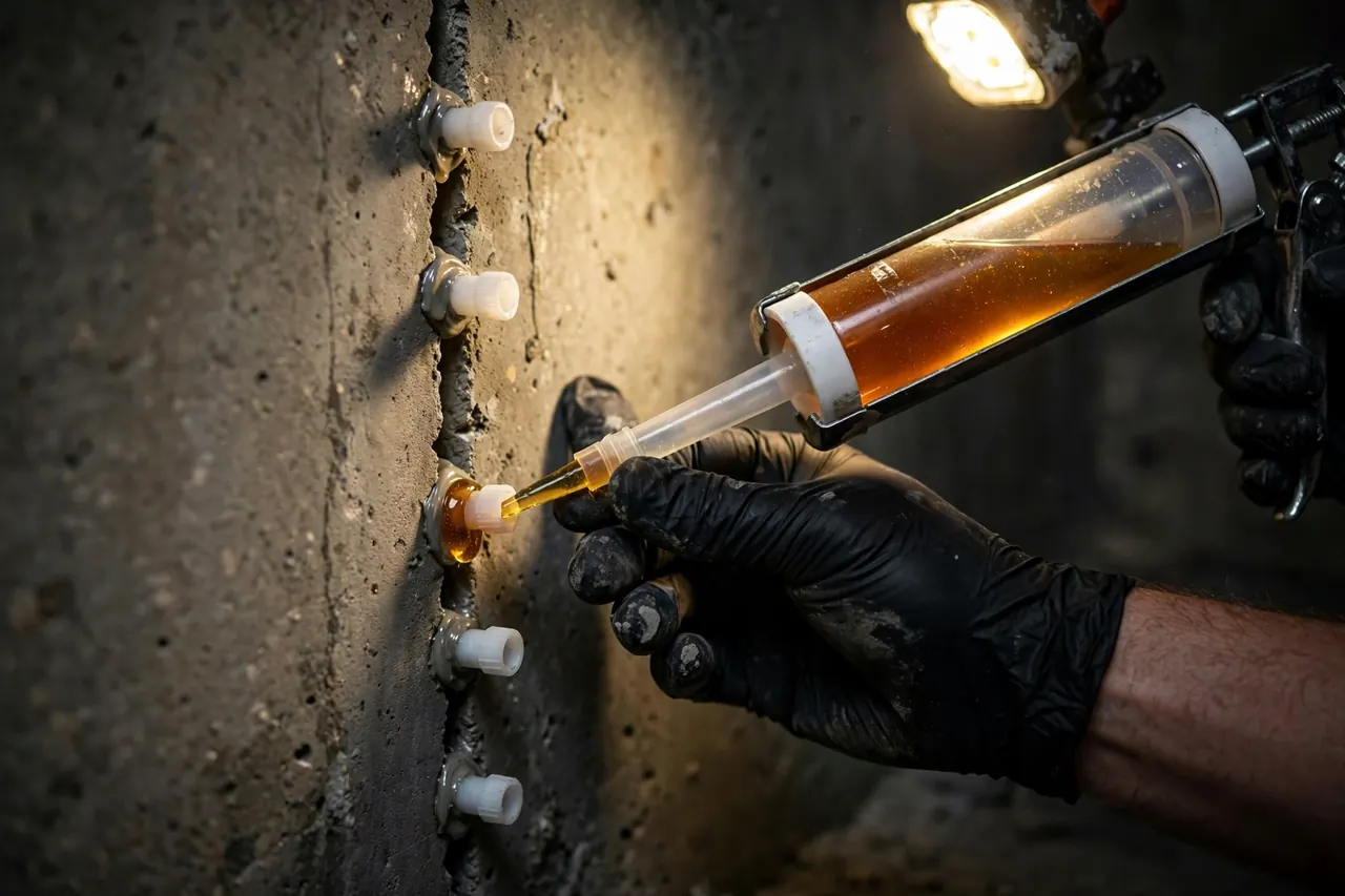 Technician injecting epoxy into a foundation wall crack