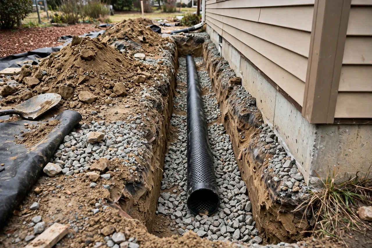 Technician installing an interior drainage system