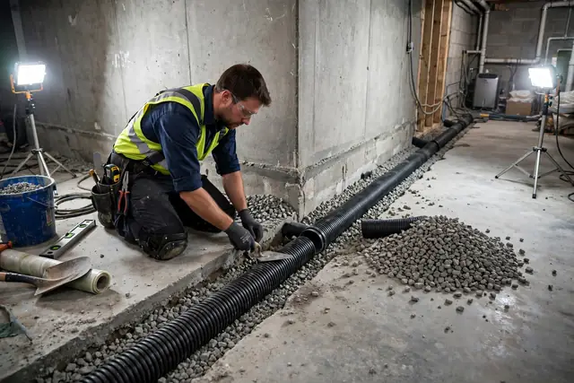 Technician installing an interior perimeter drainage channel in a basement