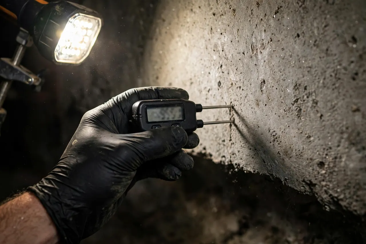 Technician checking basement moisture during an inspection