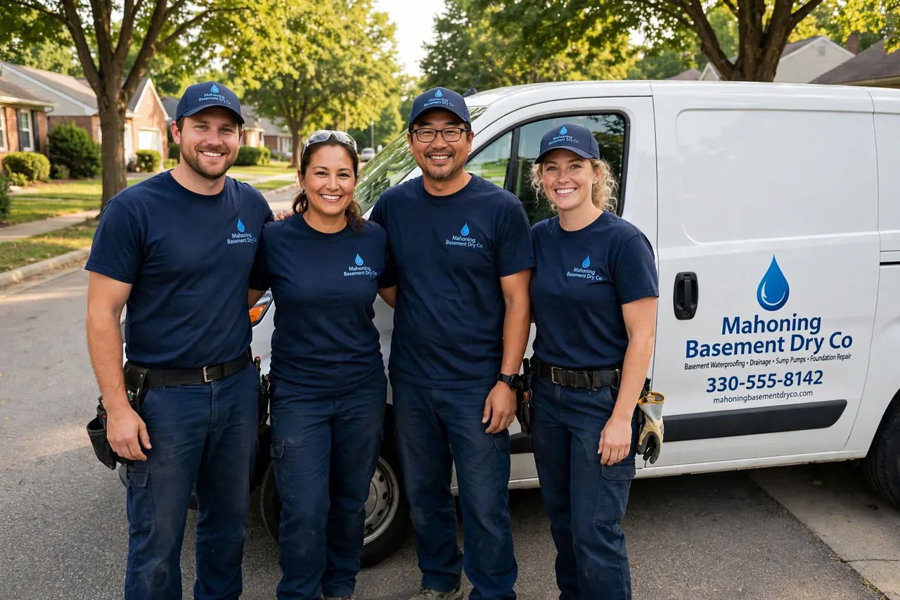 The Mahoning Basement Dry Co team standing beside their branded work van